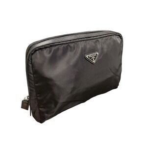 Prada Black Vela Nylon Triangle Logo Travel Pouch Cosmetic Clutch NWOT